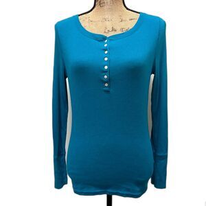 Y2K Aeropostale Long Sleeve Henley Top Teal Blue Stretch Twilightcore Size Large